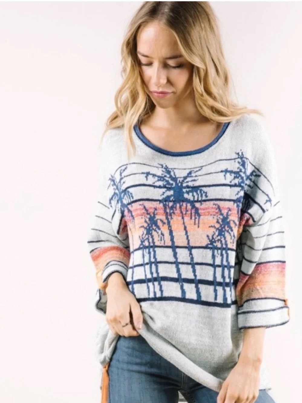 Free People Light Gray w/Navy Palm Tree Knit Top Rouched sides cuffed 3/4 sleeve